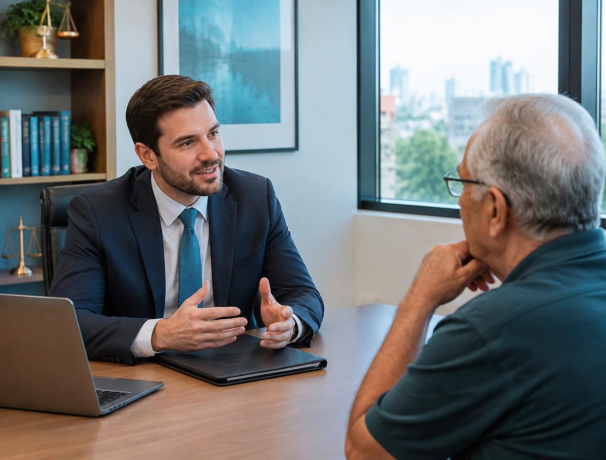 Advogado conversando com um cliente em atendimento